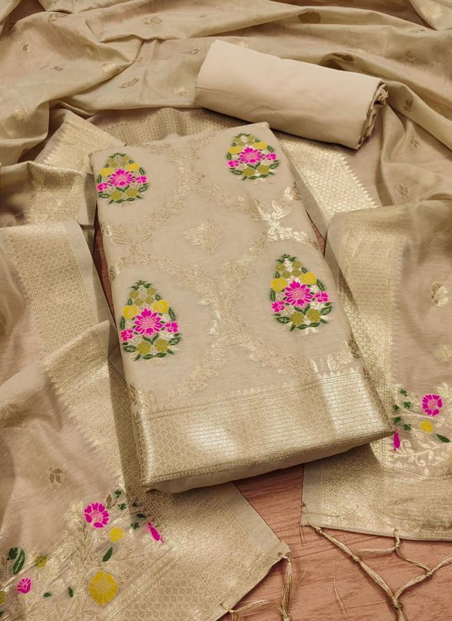 Pure Chanderi Banarasi Silk Beige Festival Wear Embroidery Work Dress Material